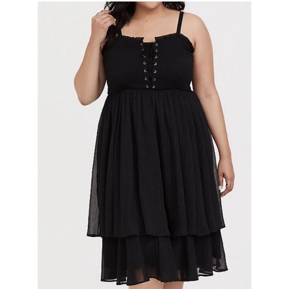 Torrid black & metallic silver smocked bodice  chiffon strappy flowy midi  dress